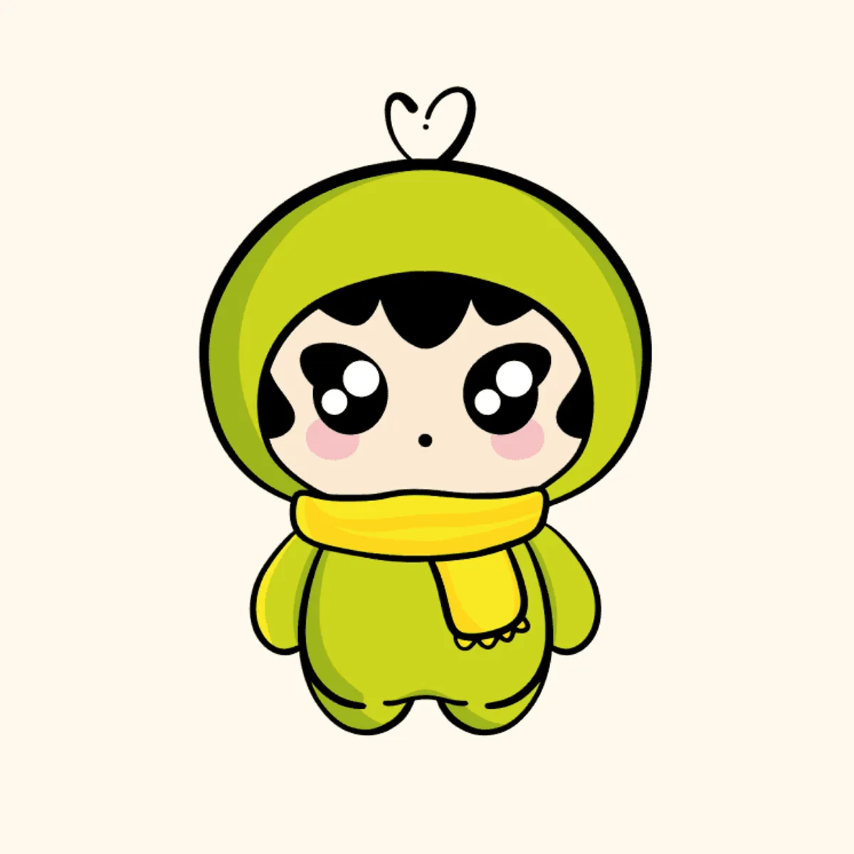 Chibi character in a green hood with a heart-shaped sprout and a yellow scarf
