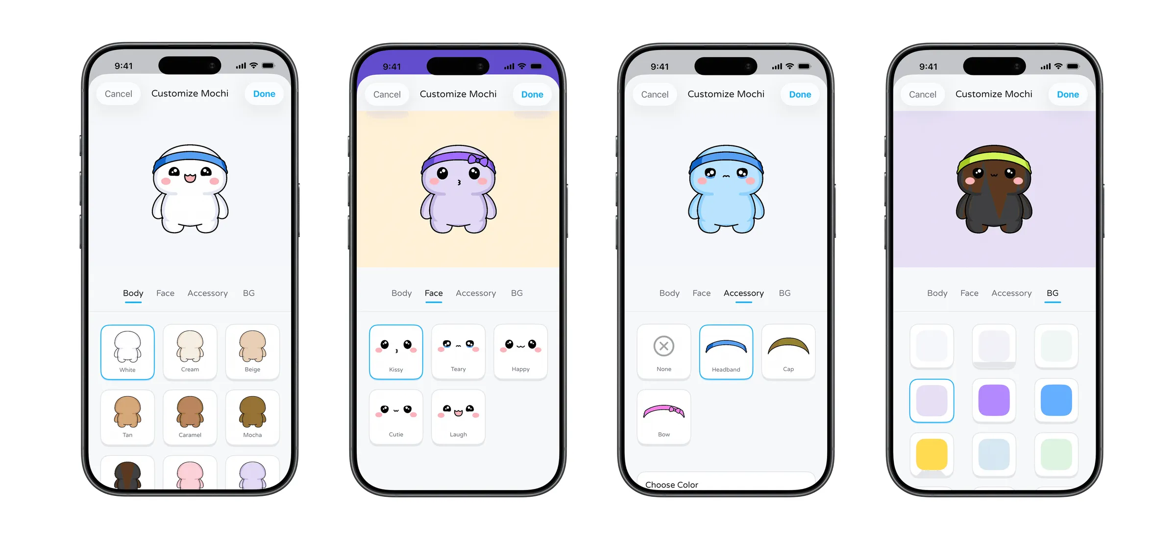 Customizing Mochi in the app: body, face, accessory and background