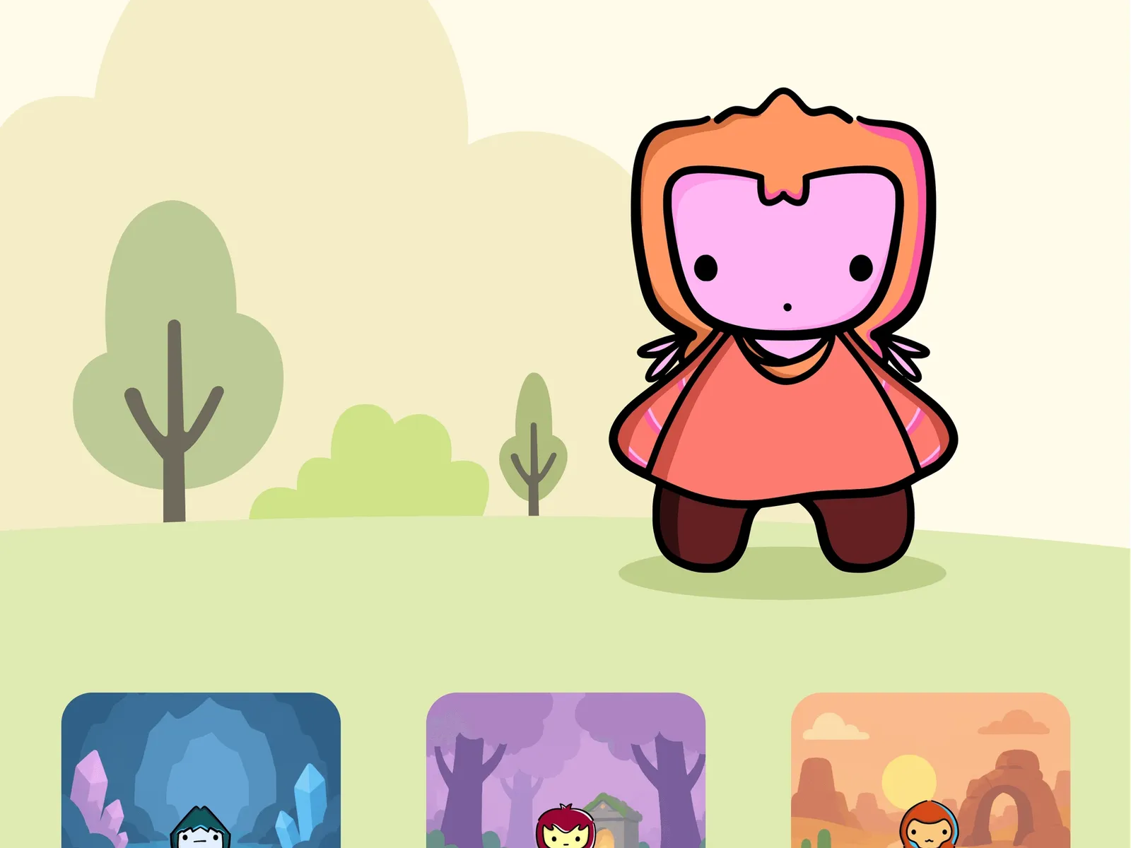 A Zubs character in a meadow, with the three worlds below