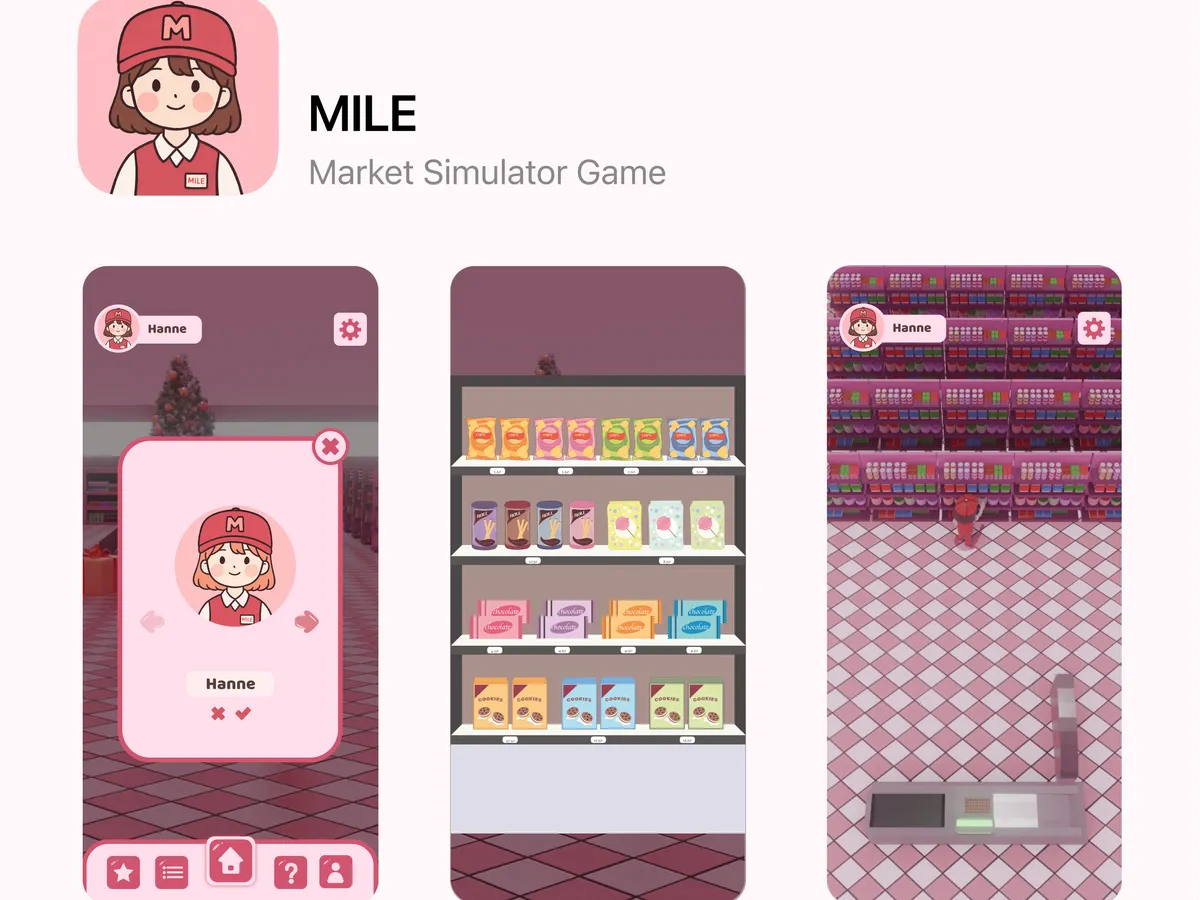 Mile app icon with the market simulator's screens