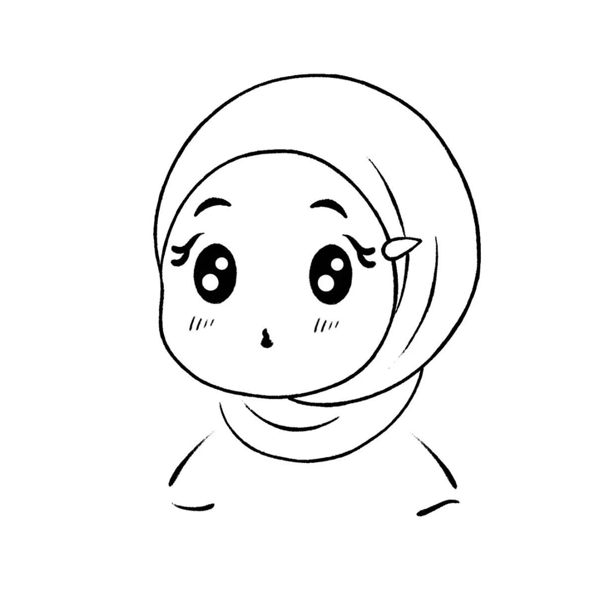 Line sketch of a chibi girl in a hijab with big sparkly eyes