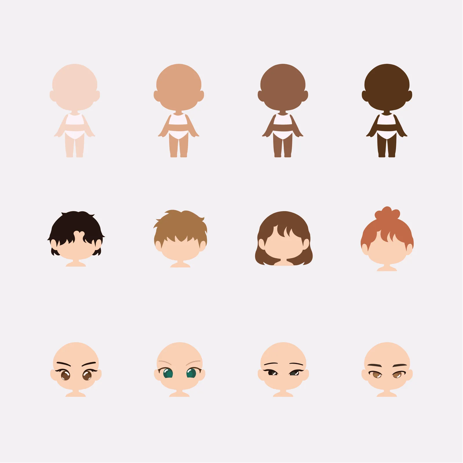 Skin tones, hairstyles and faces