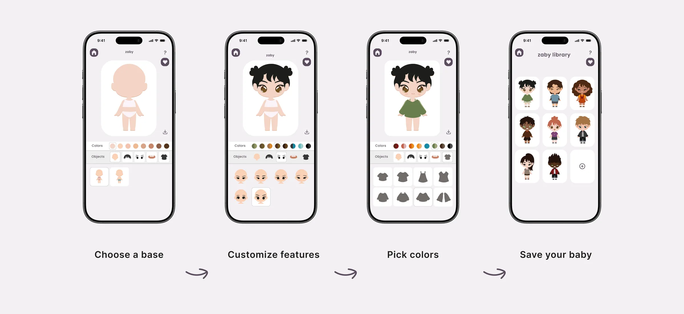 Four steps: choose a base, customize features, pick colors, save your baby