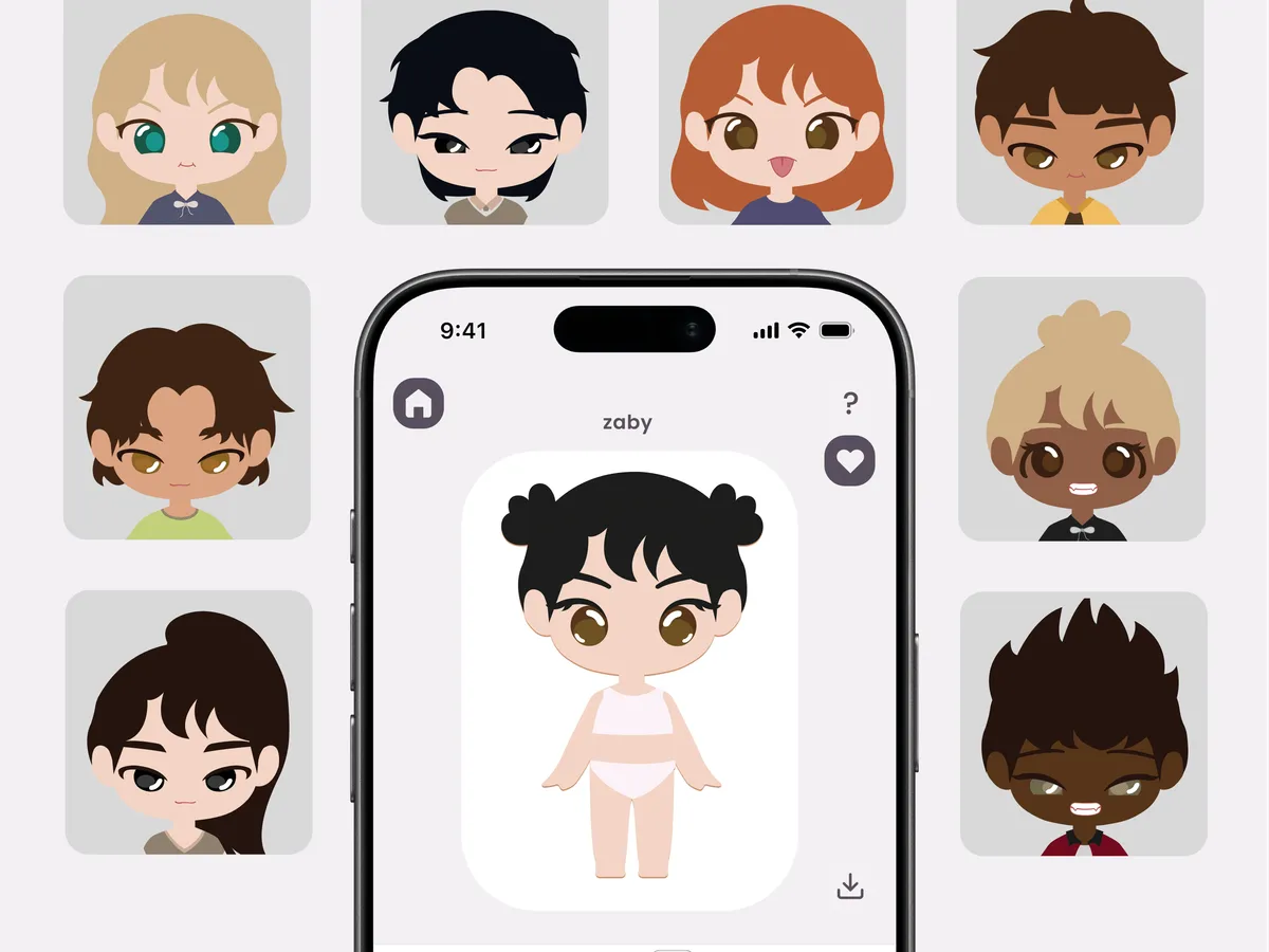 Zaby avatars around the app's editor screen