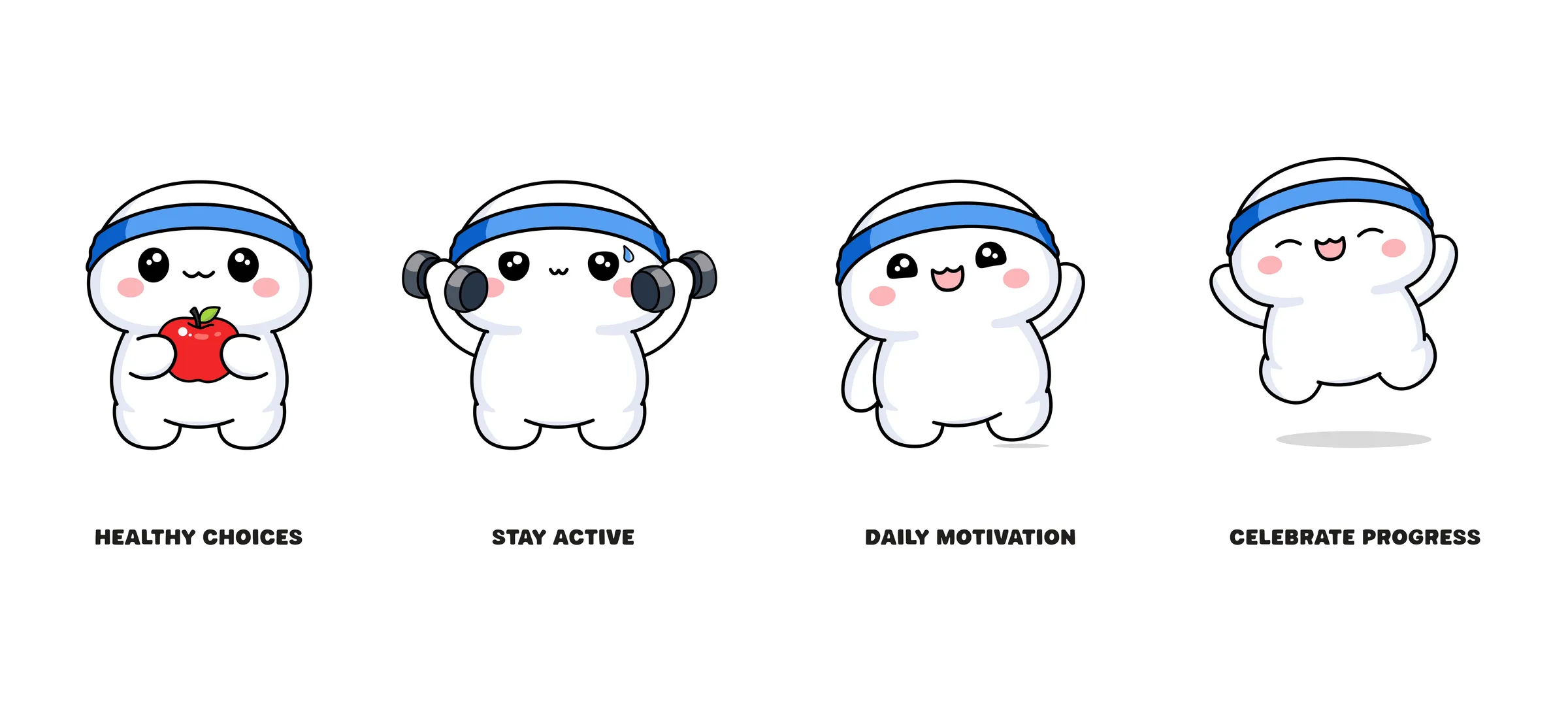 Mochi in four poses: healthy choices, stay active, daily motivation, celebrate progress