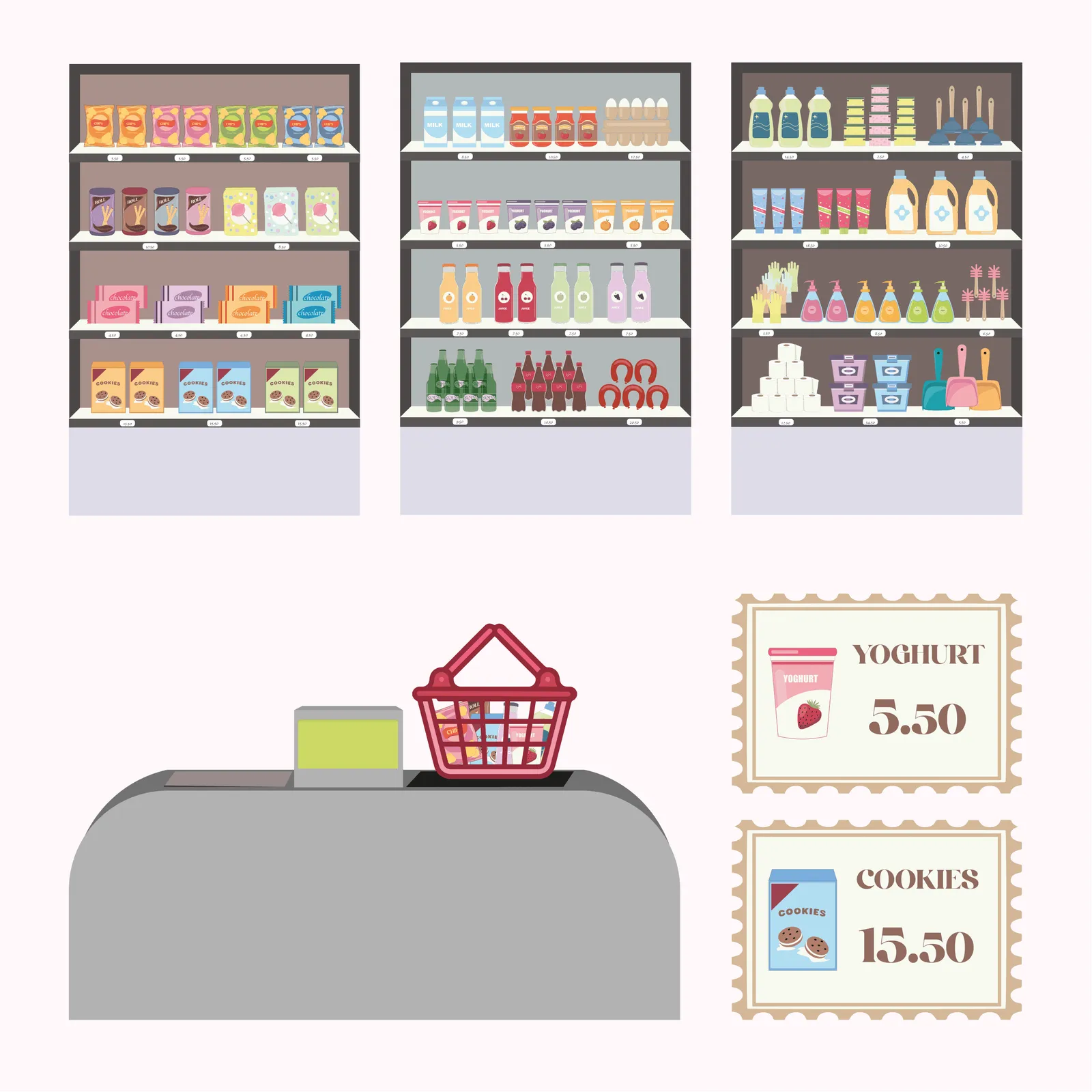 Shelves, checkout counter and price tags