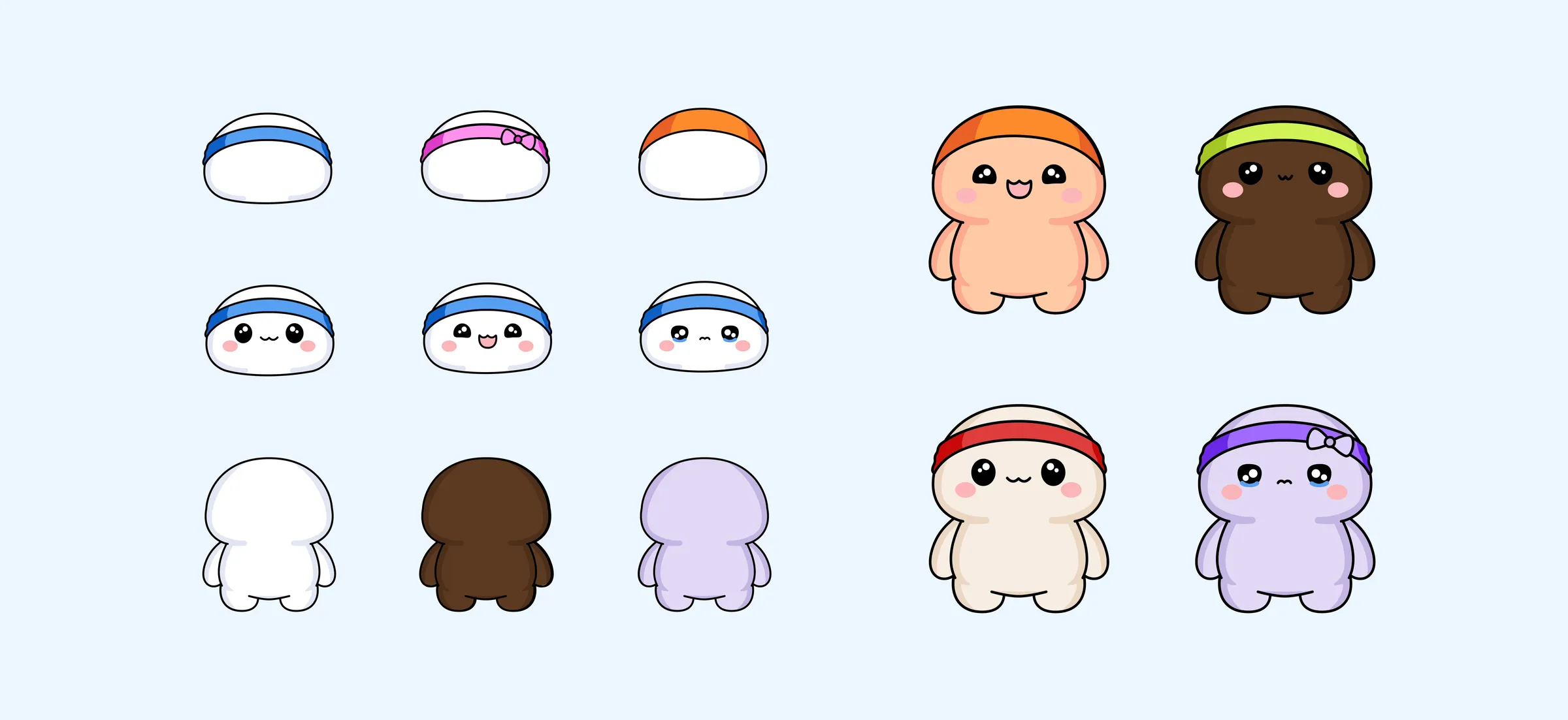 Mochi customization parts: headbands, faces and body colors