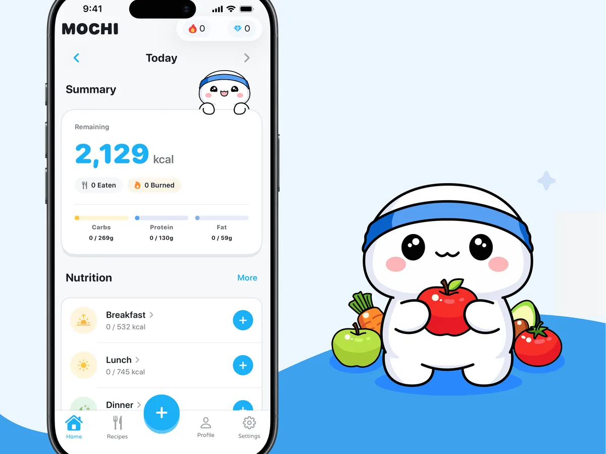 Mochi holding an apple next to the app's summary screen