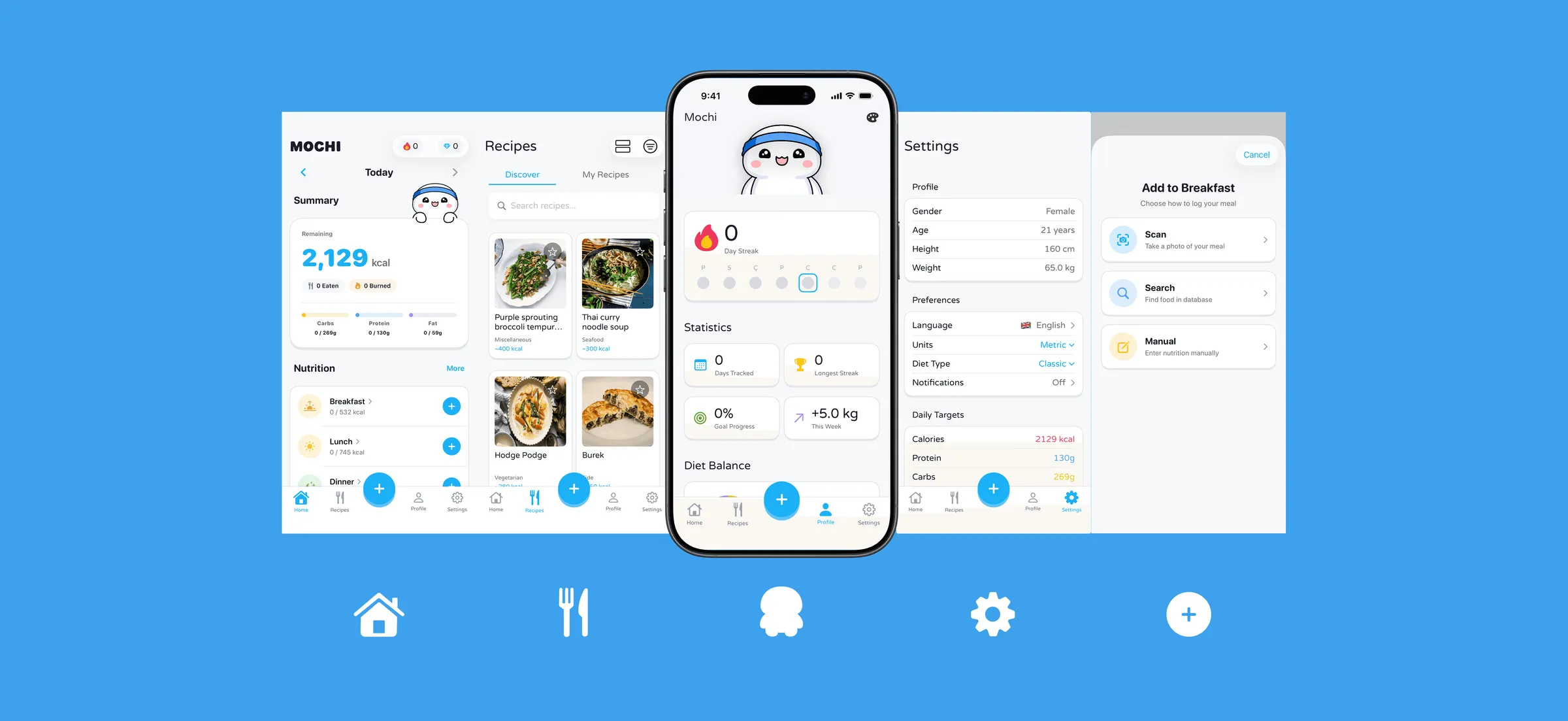 Mochi app screens: summary, recipes, statistics and settings