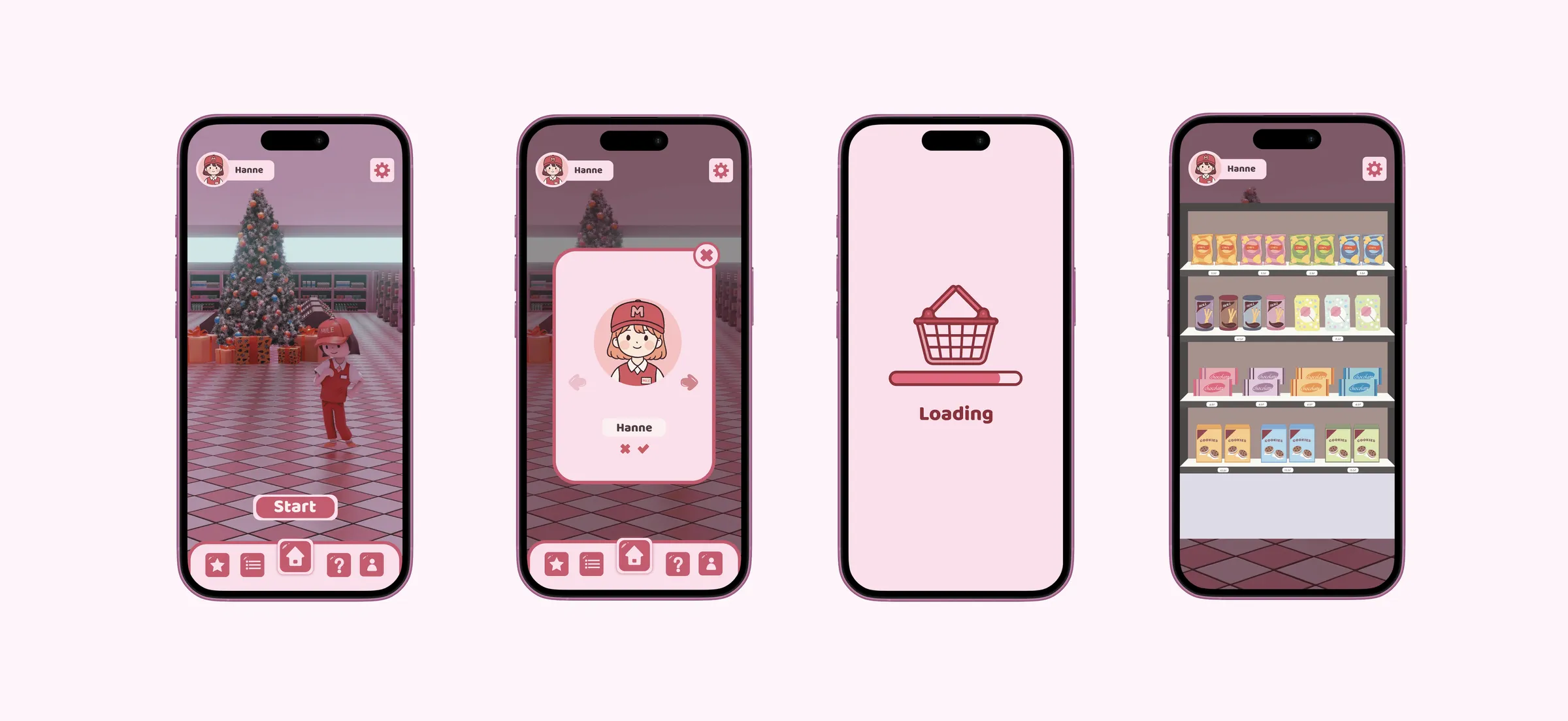 Mile screens: start, character select, loading and the shop
